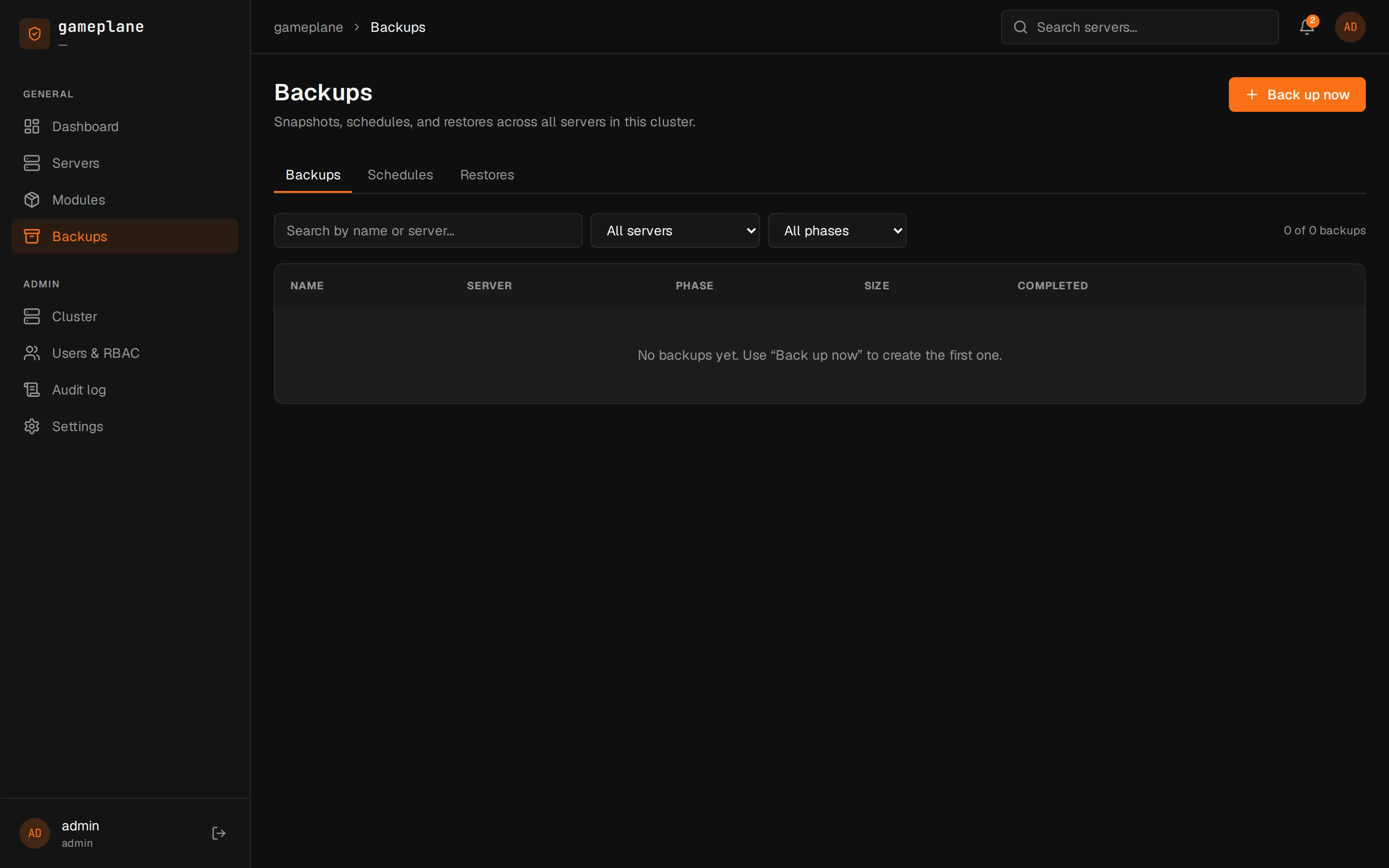 Backups page
