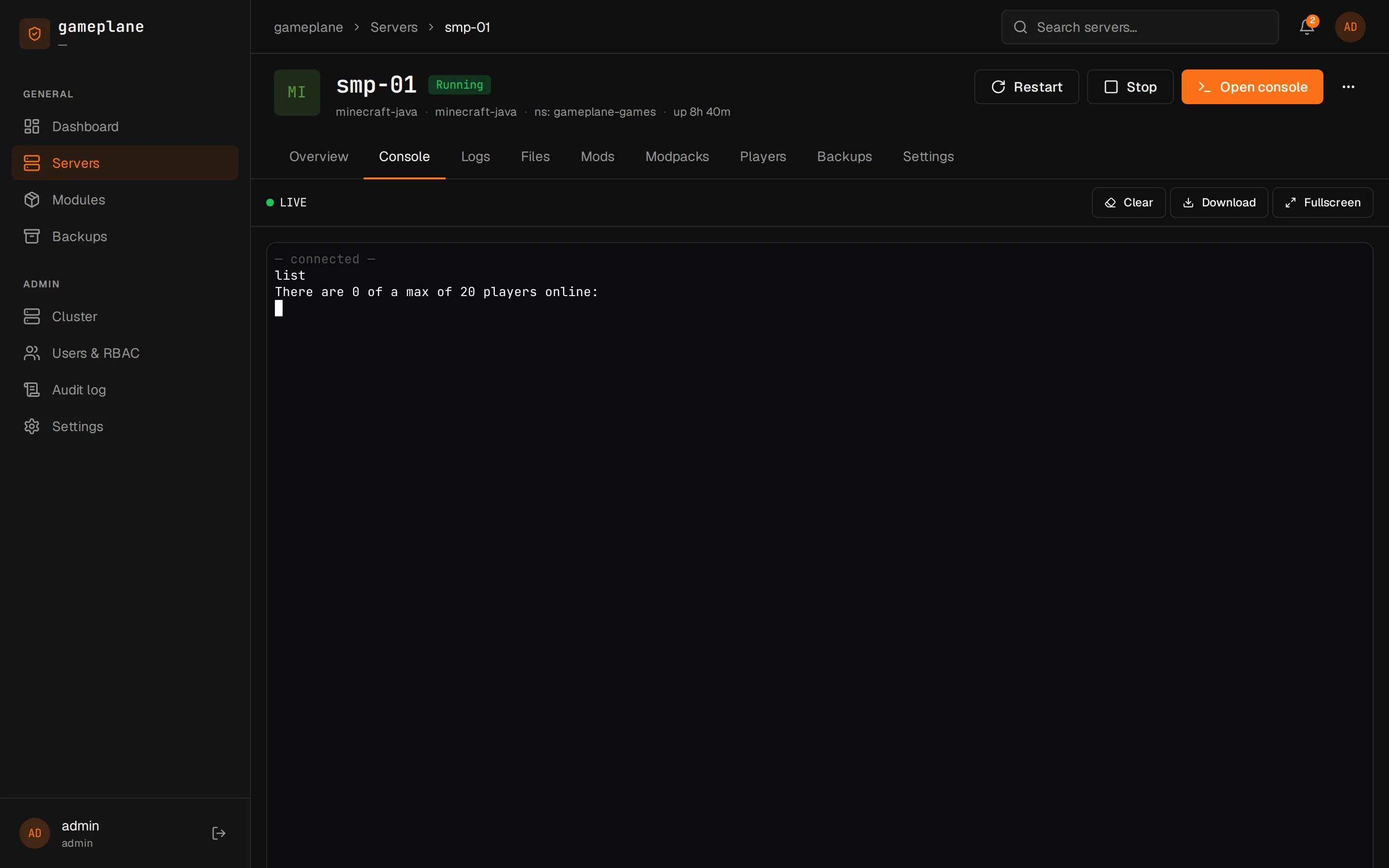 Live console streaming RCON output for a running server