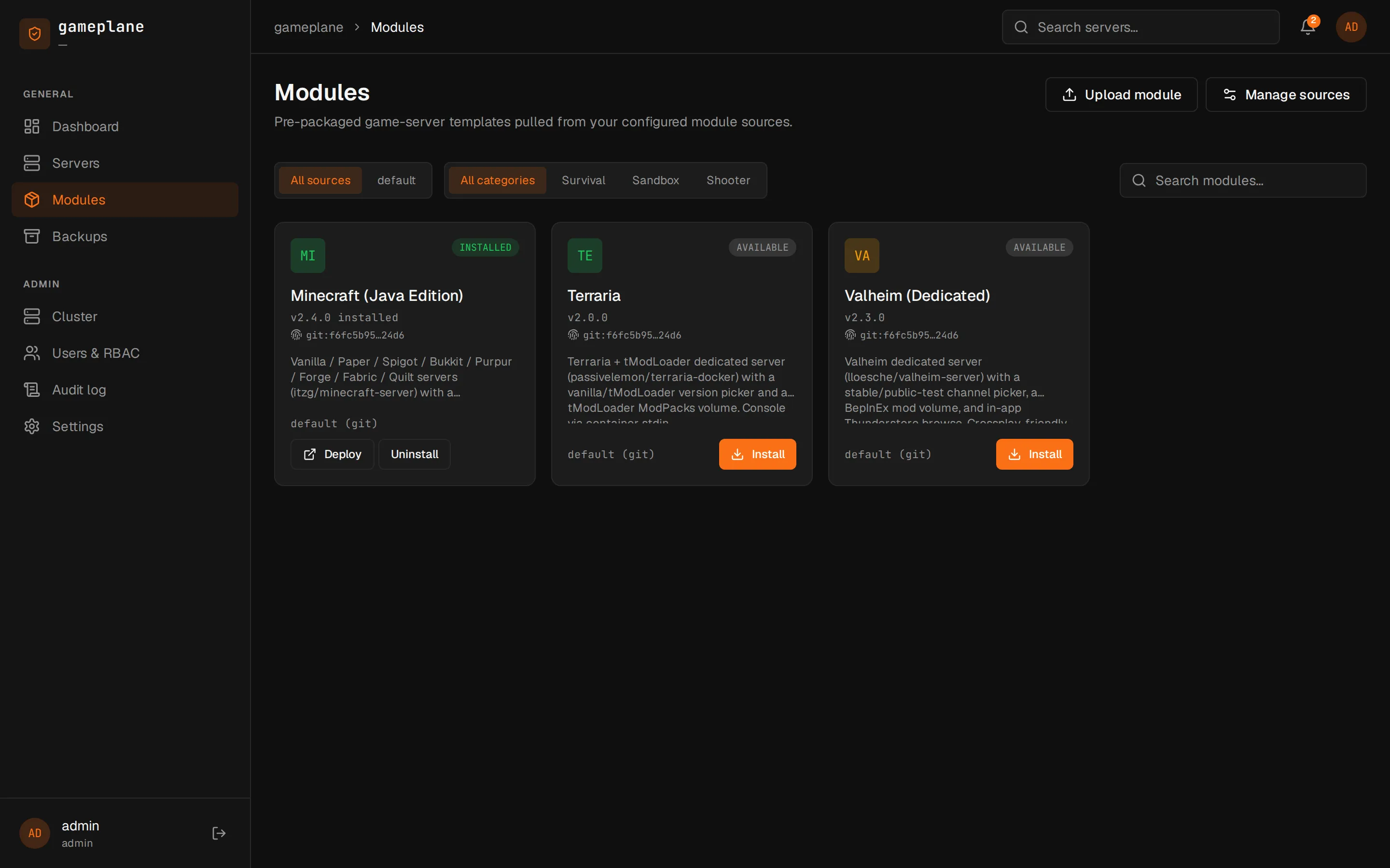Module catalog with Minecraft, Terraria, and Valheim