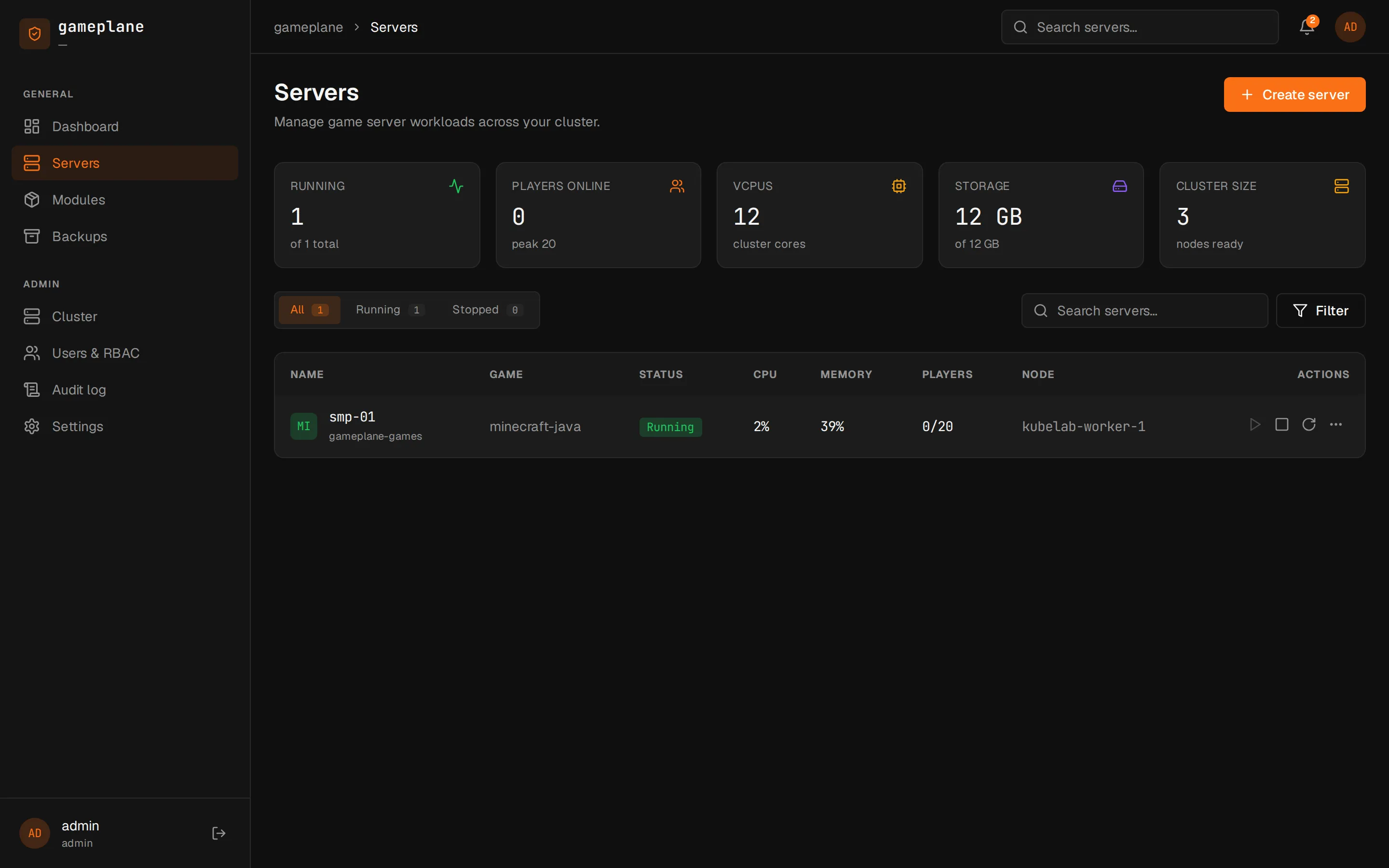 Gameplane dashboard — Servers list showing a running Minecraft server